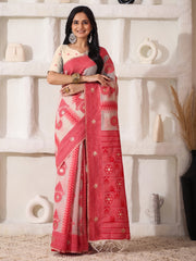 Elegant Woven Linen Cotton Saree for Durga Puja & Diwali | Ethnic Motif Design with Rich Zari Border | Soft, Breathable, Festive-Ready Traditional Drape