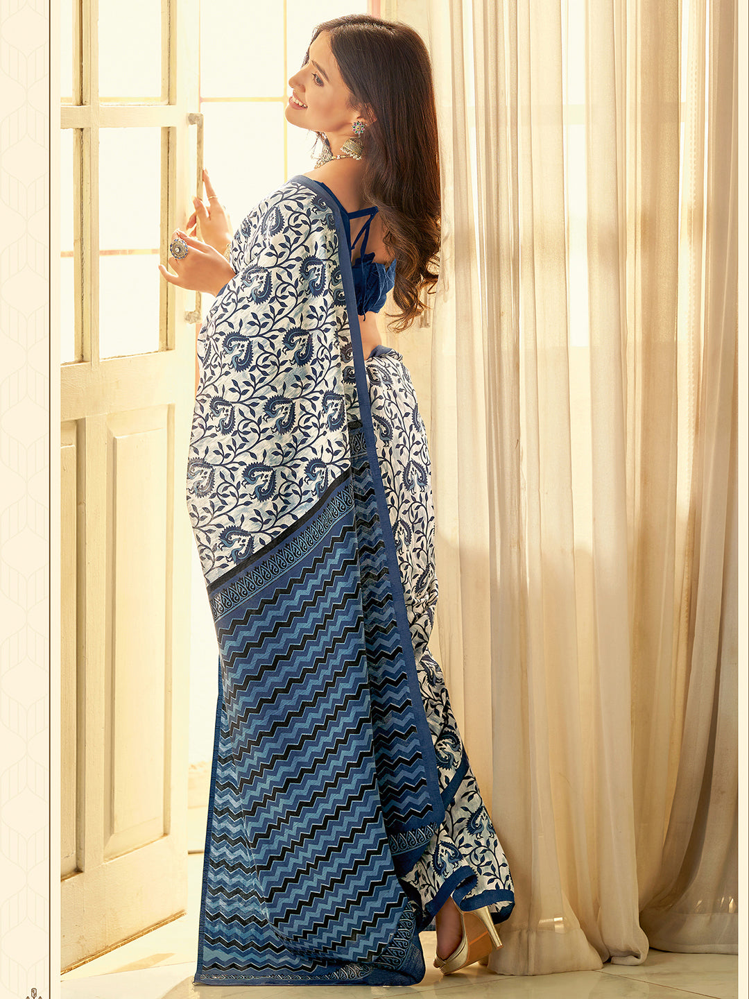 Women's Bhagalpuri Silk OffWhite Printed DesignerSaree With Blouse Piece