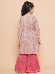 Placement Print Three-Fourth Sleeves Above Knee Length Cotton Kurta With Sharara - Pink