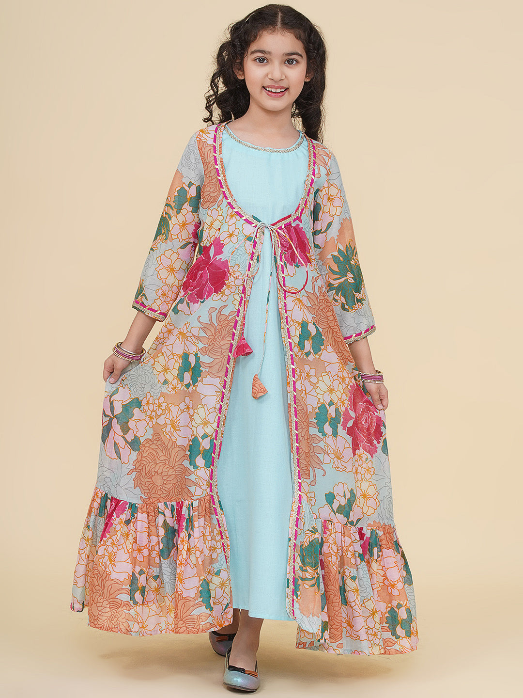 Silk Woven Three Fourth Sleeves Floral Print Fit And Flare Ethnic Dress With Jacket - Sea Green