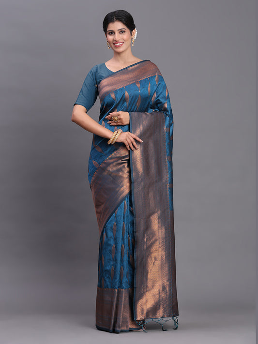 Navy Blue Banarasi Silk Saree with Copper Zari Woven Pallu & Feather Butta – Wedding & Festive Wear