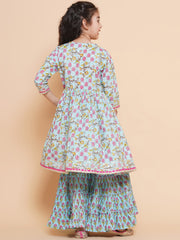 Girls Blue Floral Printed Alia Design Kurta With Sharara