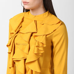 Women's Yellow Front Ruffle Bell Sleeve Dress