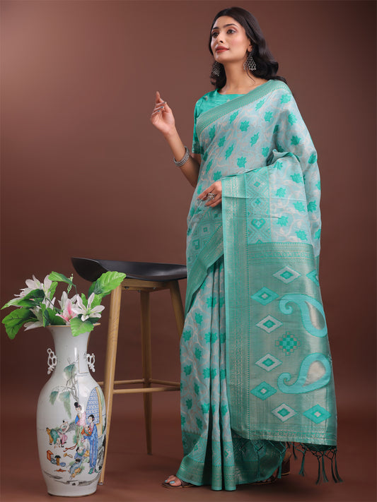 Stylish Green Linen Cotton Saree with Woven Design – Lightweight Elegance for Everyday Grace