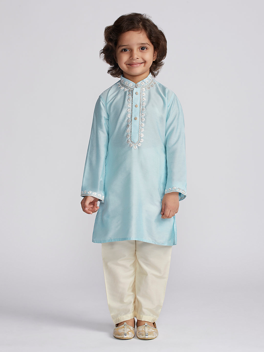 Boys' Aqua And Cream Kurta And Pyjama Set