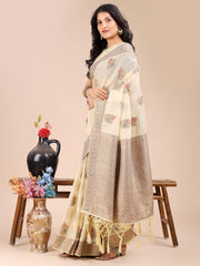 Elegant Cream Cotton Saree – Timeless Charm with Floral Detailing