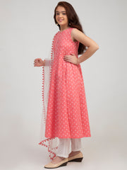 cotton Woven Sleeveless Floral Print Flared Kurta And Palazzo With Dupatta Set - Peach