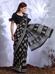 ساري نسائي أسود مطبوع من حرير بهجالبوري مع قطعة بلوزة