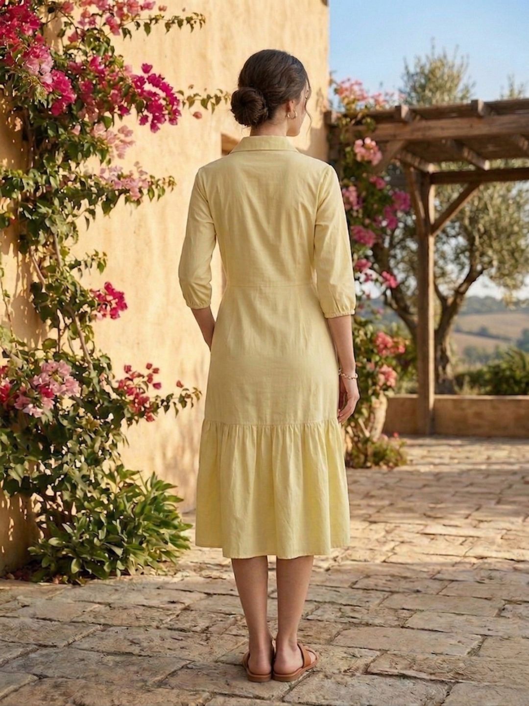 Yellow Embroidered Cotton Shirt Dress-ADR-22014