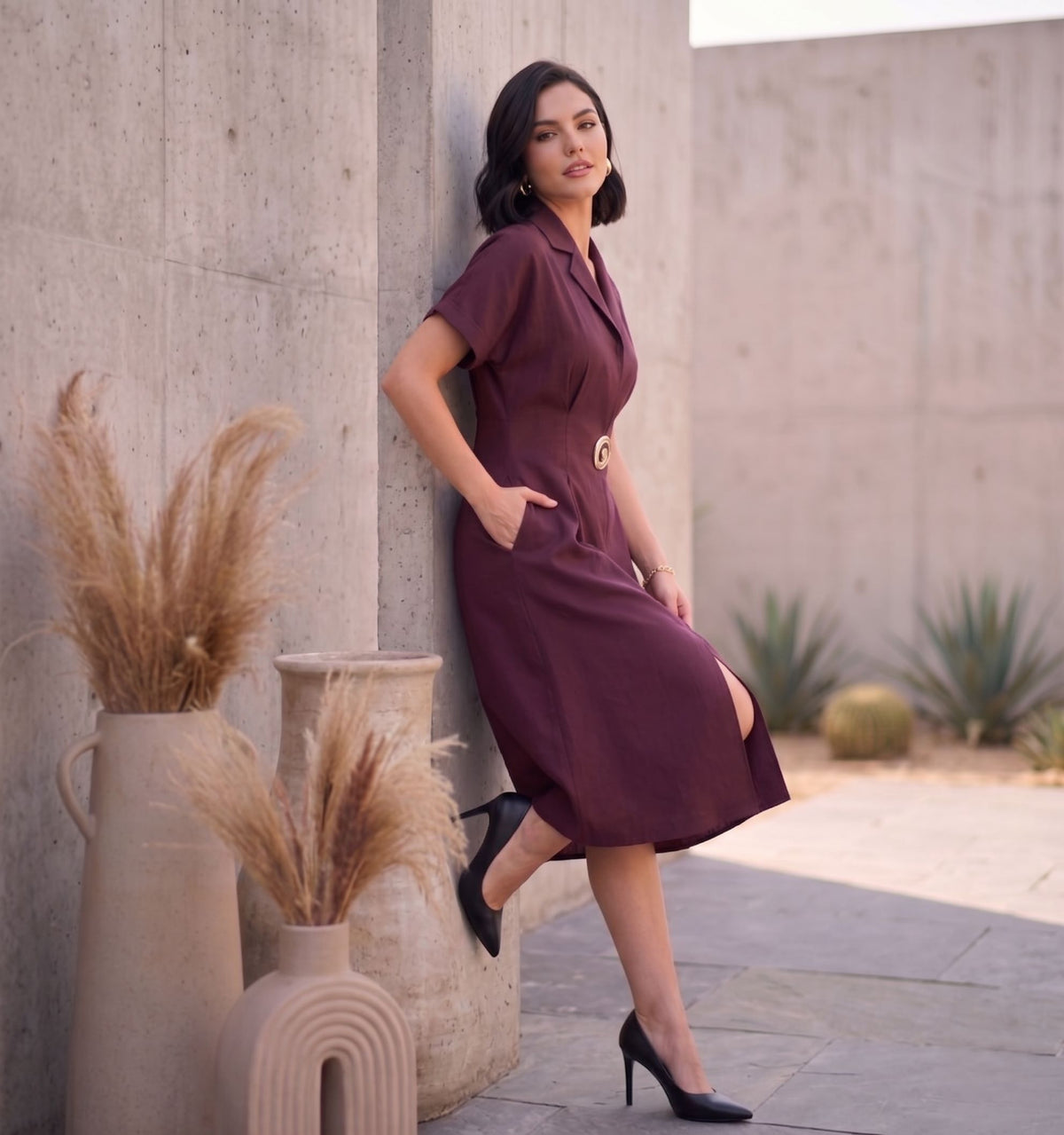 Burgundy Lapel Collar Embellished Dress-ADR-21217