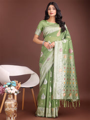 Elegant Olive Green Linen Cotton Saree with Zari Border & Woven Motifs – Perfect for Sophisticated Everyday & Festive Looks