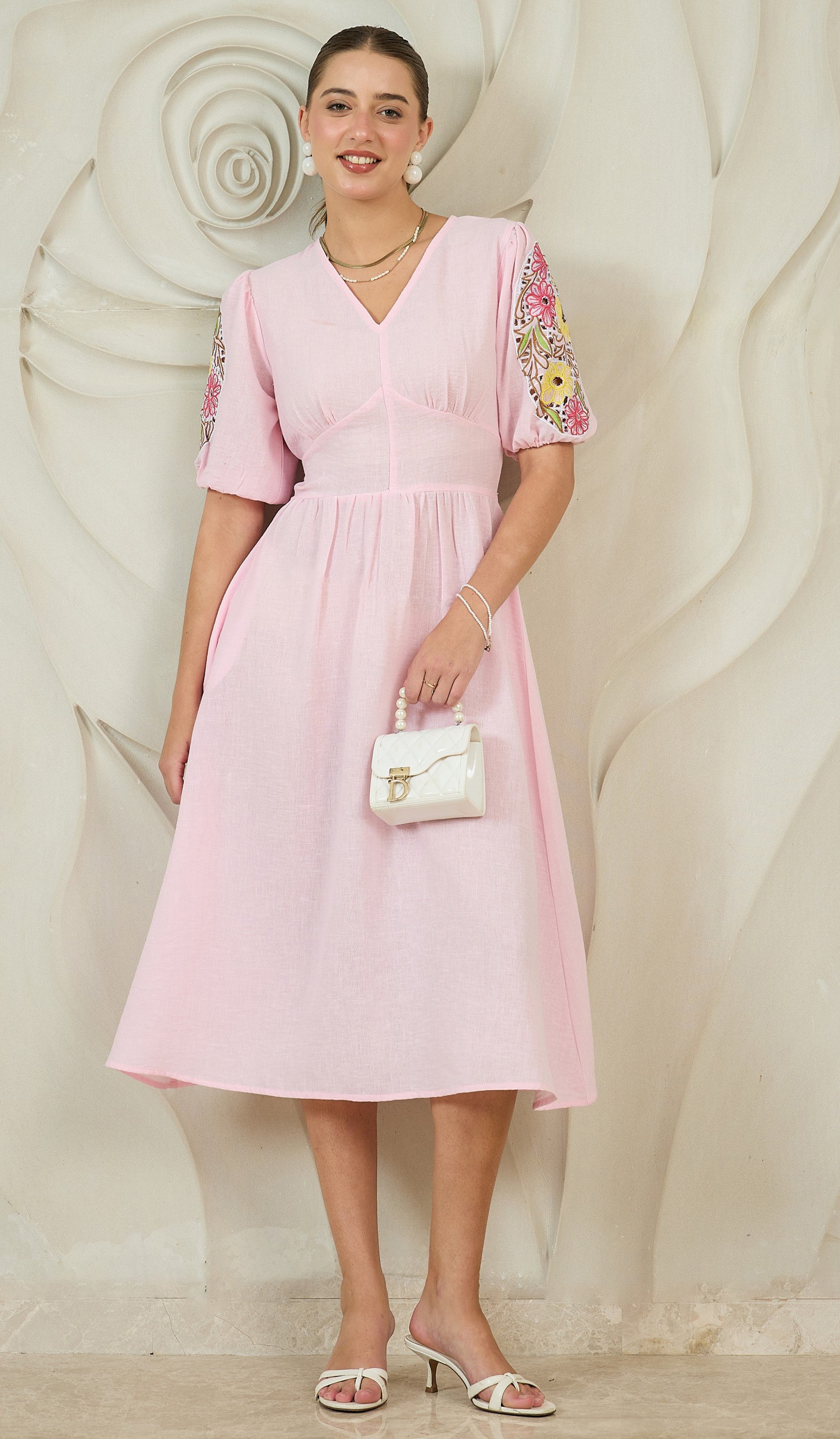 Embroidered Puff Sleeves Cotton Fit & Flare Midi Dress