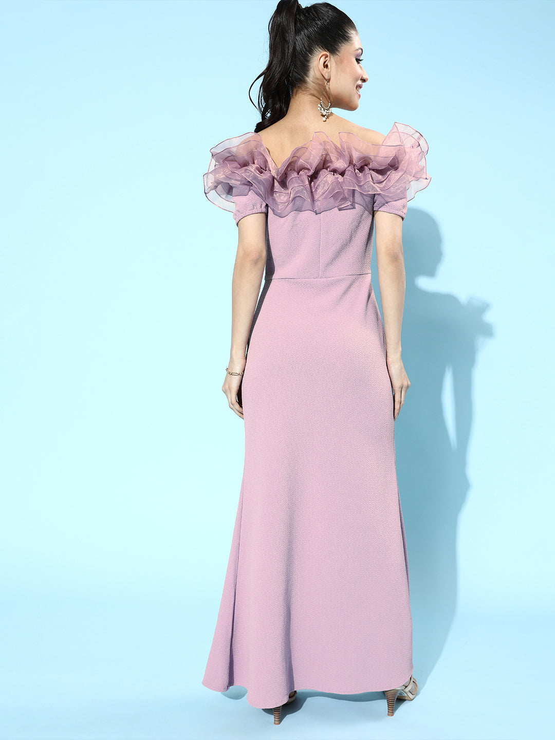 Lavender Scuba Bodycon Maxi Tulle Dress with Ruffled Shoulder