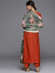 Women maroon & silver embroidered Straight Kurta with Solid Trouser and Printed Dupatta with fringes