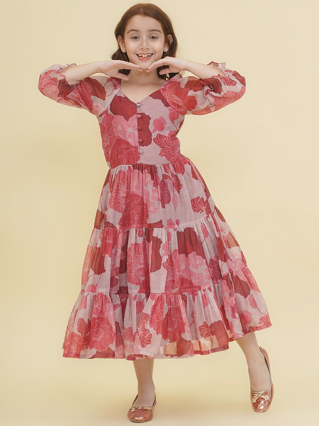 Silk Woven Half Sleeves Floral Print Fit And Flare Ethnic Dress - Maroon