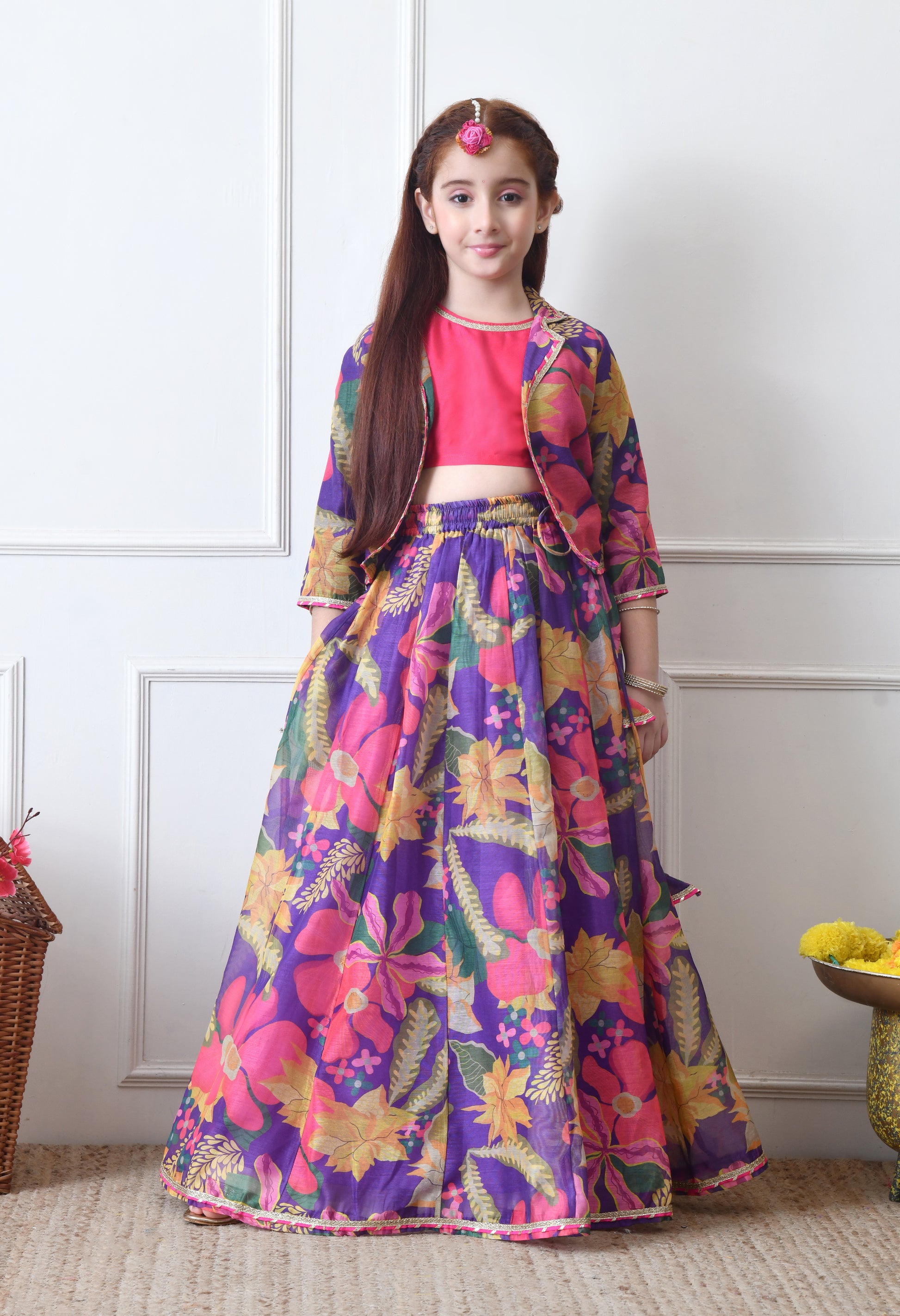 Girls Purple Floral Printed Lehenga Choli Set with Stylish Jacket