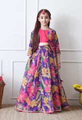 Girls Purple Floral Printed Lehenga Choli Set with Stylish Jacket