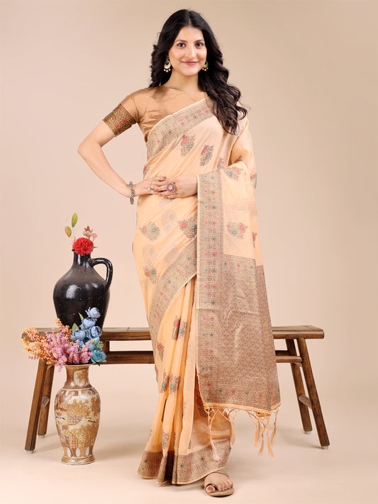 Elegant Cream Cotton Saree – Timeless Charm with Floral Detailing