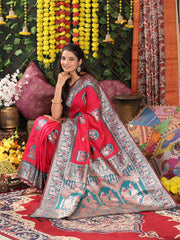 Traditional Red Art Silk Temple Border Festive Wedding Wear Saree