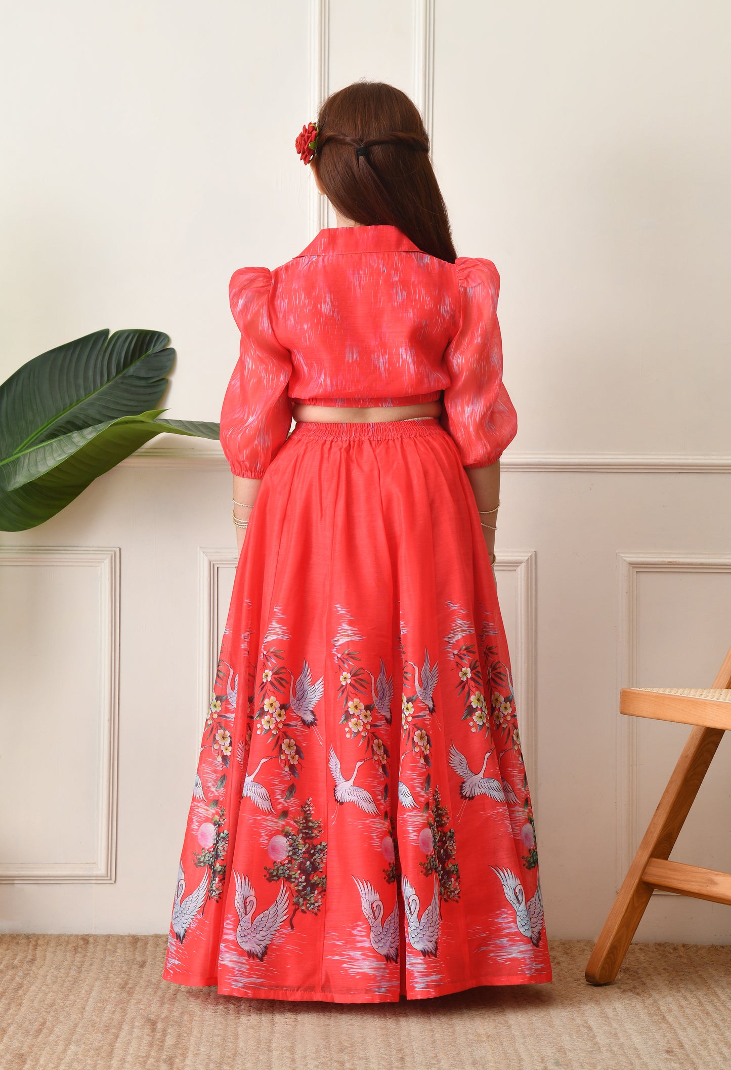 Girls Coral Red Swan Printed Crop Top and Skirt Set