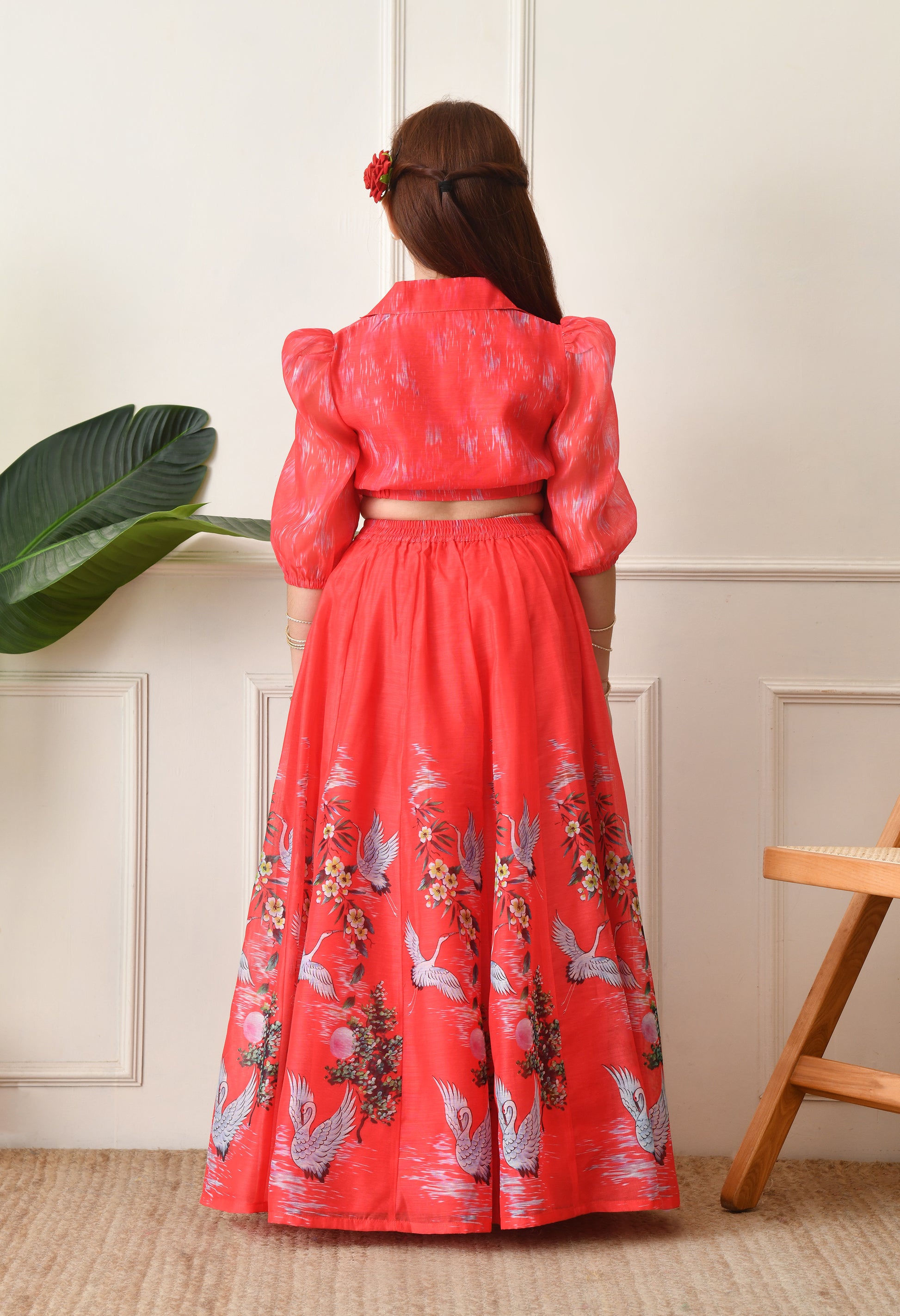Girls Coral Red Swan Printed Crop Top and Skirt Set