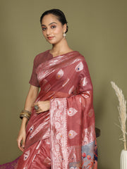 Green Floral Linen Cotton Saree with Zari Border & Digital Printed Pallu – Elegant Sari for Festive Occasions