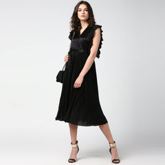 Women's Champagne Gold Satin Pleating Evening Midi Dress