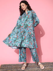 Kalini Women Sea Green Abstract Printed Mandarin Collar, Bishop Sleeves Aline Kurta Paired With Tonal Printed Bottom