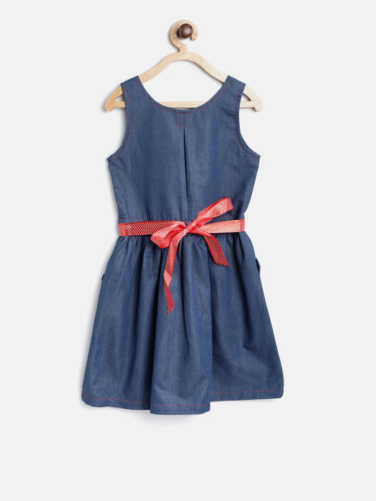 Girls Denim Dress with Red Satin Ribbon Inset