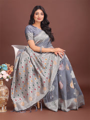 Elegant Olive Green Linen Cotton Saree with Zari Border & Woven Motifs – Perfect for Sophisticated Everyday & Festive Looks