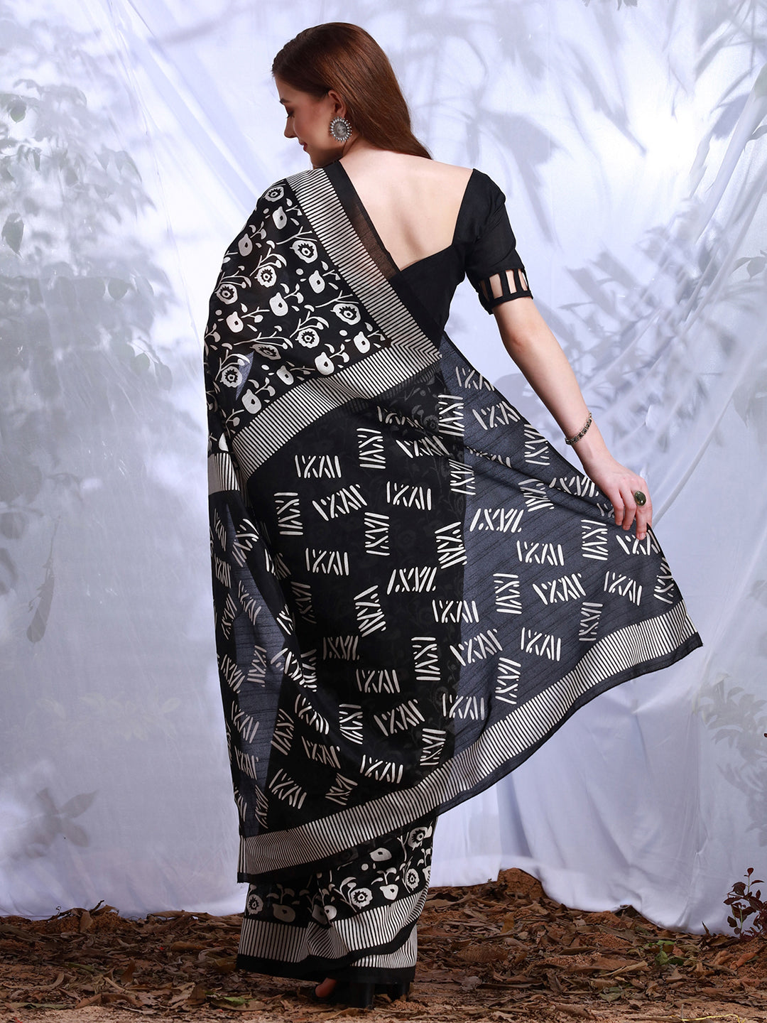Women's Bhagalpuri Silk Black Printed DesignerSaree With Blouse Piece