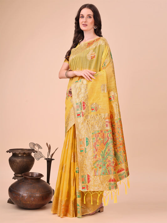 Yellow Linen Saree with Multicolor Weaving & Zari Pallu – Elegant & Lightweight for Everyday Grace