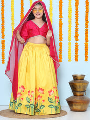 Girls Pink Embroidered Choli Yellow Ready to Wear Lehenga With Dupatta