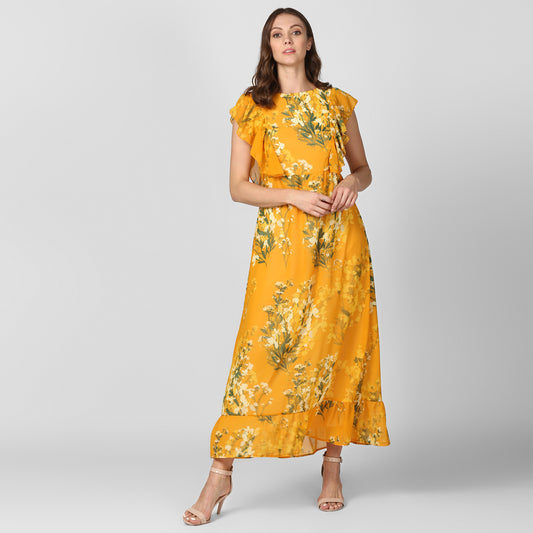 Women's Yellow Printed Maxi Dress with Lining