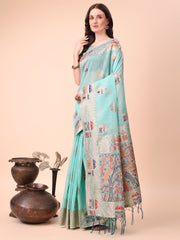 Linen Saree with Multicolor Weaving & Zari Pallu - Elegant & Lightweight for Everyday Grace