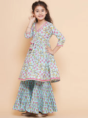 Girls Blue Floral Printed Alia Design Kurta With Sharara