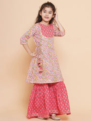 Placement Print Three-Fourth Sleeves Above Knee Length Cotton Kurta With Sharara - Pink