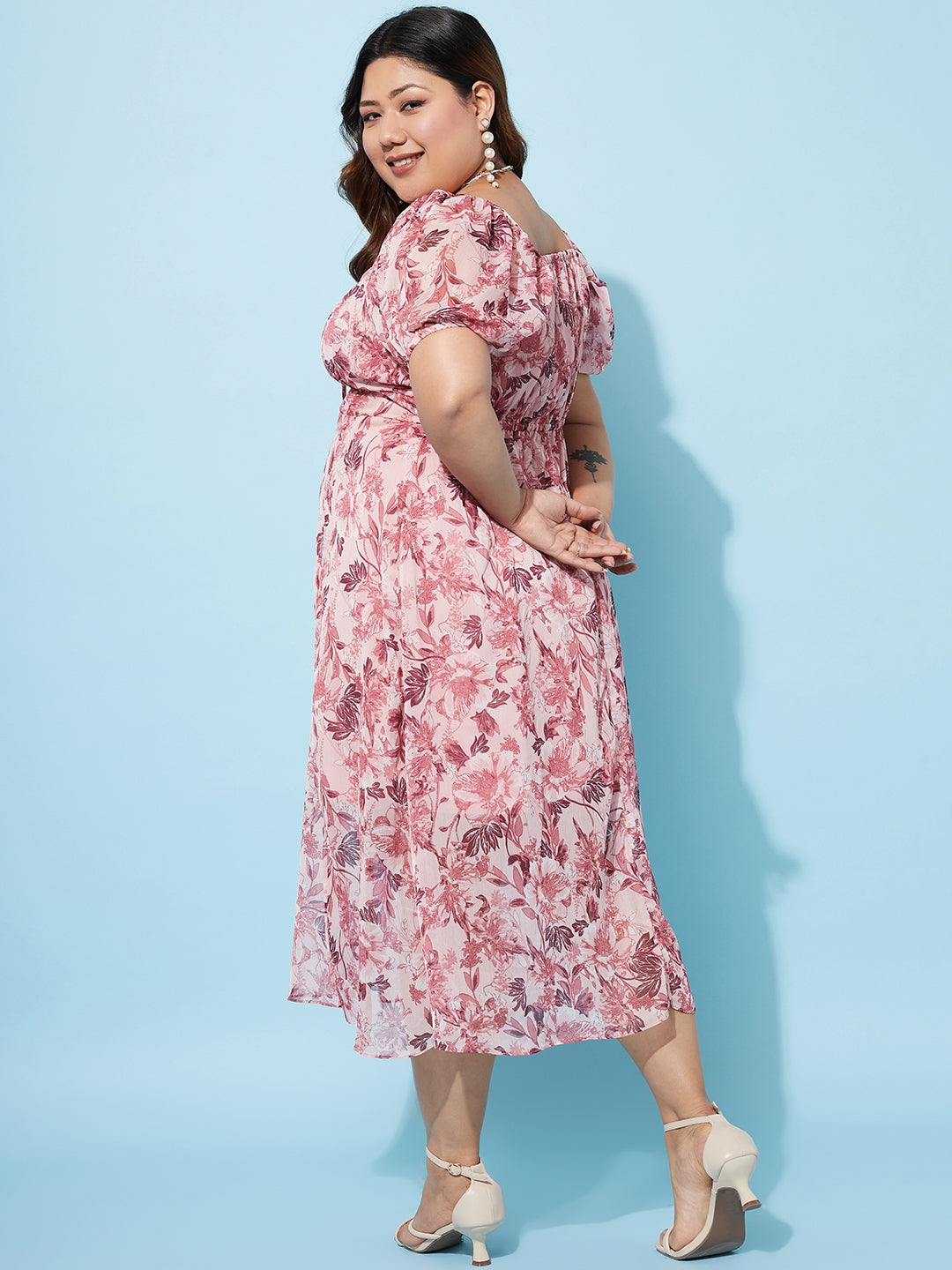 Plus Size Floral Print Chiffon Empire Midi Dress