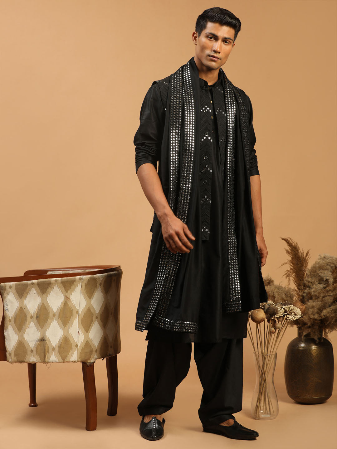 Black Viscose Jacket, Kurta and Pyjama Set