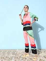 Women's Black & Beige Satin Shirt and Trousers Co-ord Set