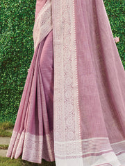 Linen Cotton Saree with Intricate Woven Border & Contrast Pallu | Soft Lightweight Traditional Drape | Tassel Edge | Unstitched Blouse Piece