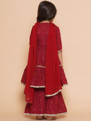 Girls Maroon Ethnic Motifs Printed Angrakha Gotta Patti Kurta With Sharara & Dupatta