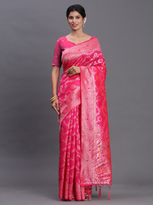 Pink Banarasi Silk Saree with Floral Zari Weaving – Festive Traditional Elegance for Weddings & Celebrations