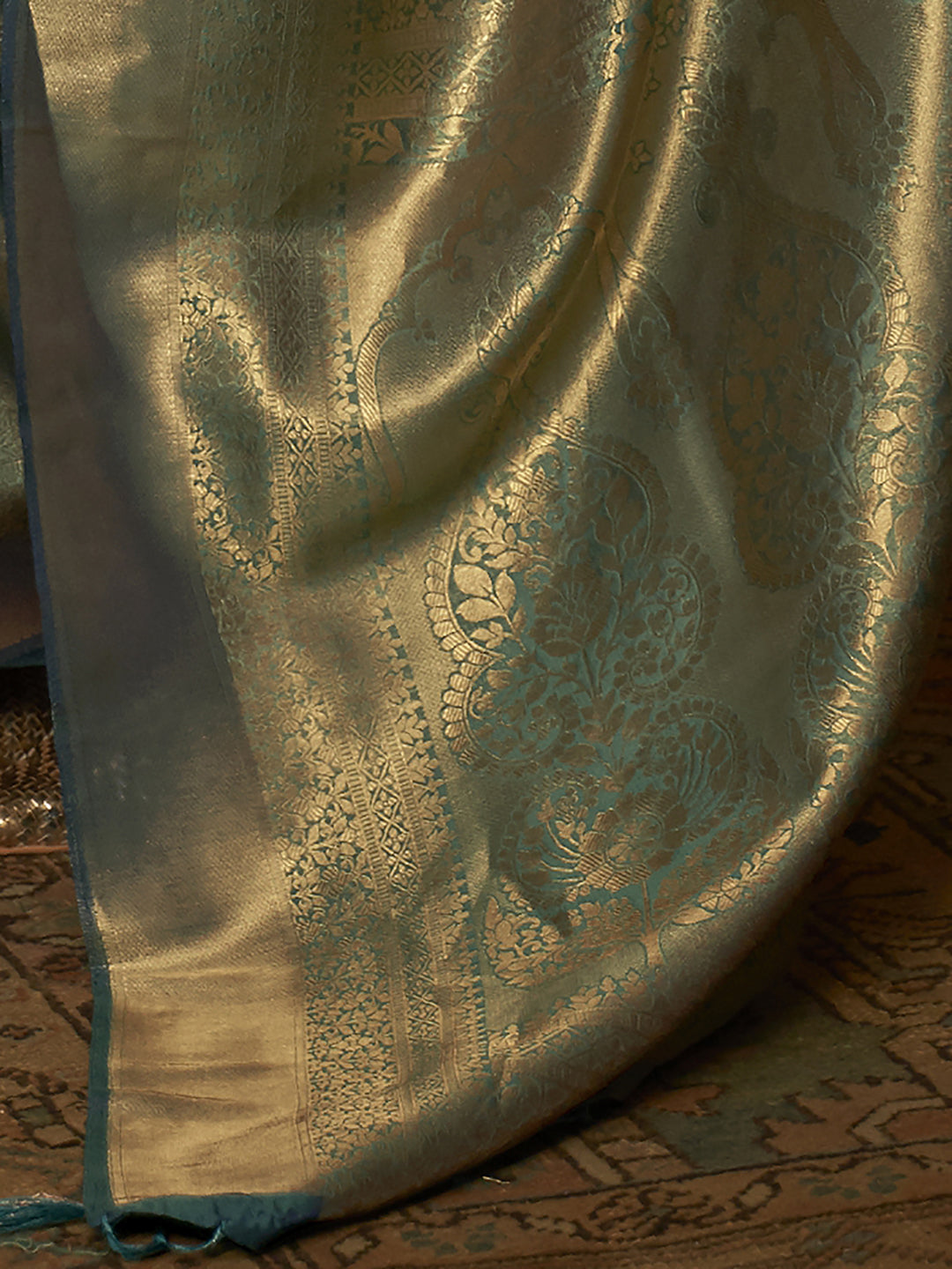 Women's Silk Blend Tealblue WovenDesign HandloomSaree With Blouse Piece