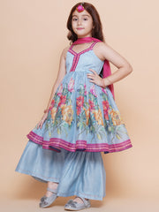 Silk blend Woven Sleeveless Placement Floral Print Flared Kurta And Sharara With Dupatta Set