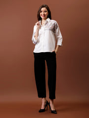 Roll-Up Sleeves Applique Cotton Shirt Style Top