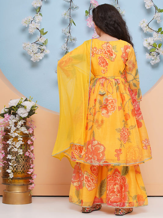 Girls Yellow Floral Printed Alia Design Kurta With Sharara With dupatta