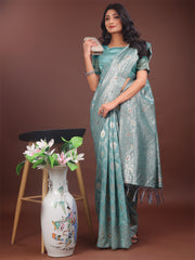 Elegant Sea Green Linen Cotton Saree with Silver Zari – Perfect Blend of Comfort & Charm