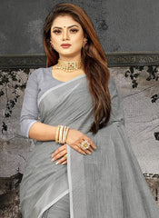 Elegant Peach Woven Linen Saree with Contrast Zari Border & Tassels – Soft & Breathable Party Wear