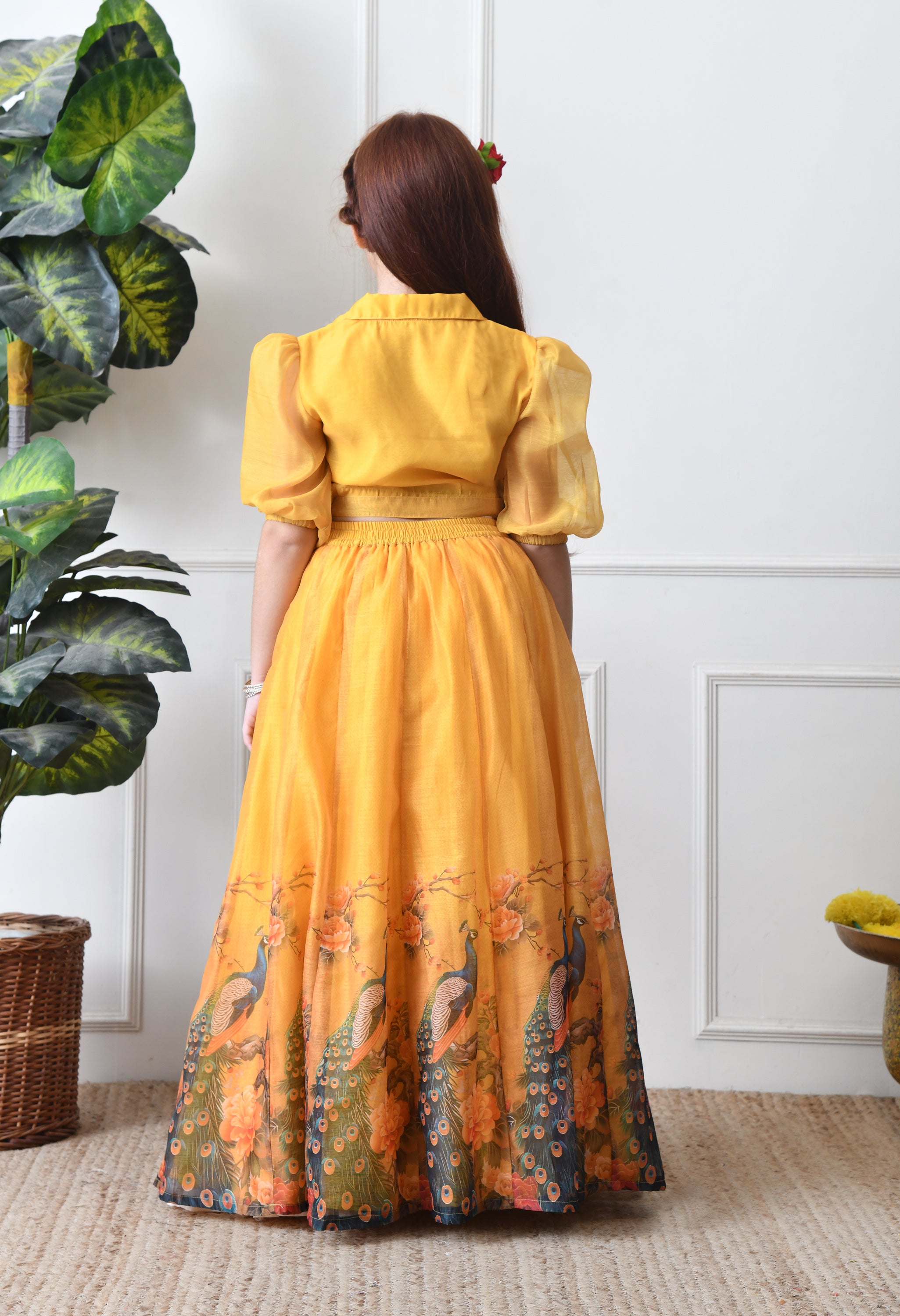 Girls Yellow Peacock Print Lehenga Set with Puff Sleeve Blouse